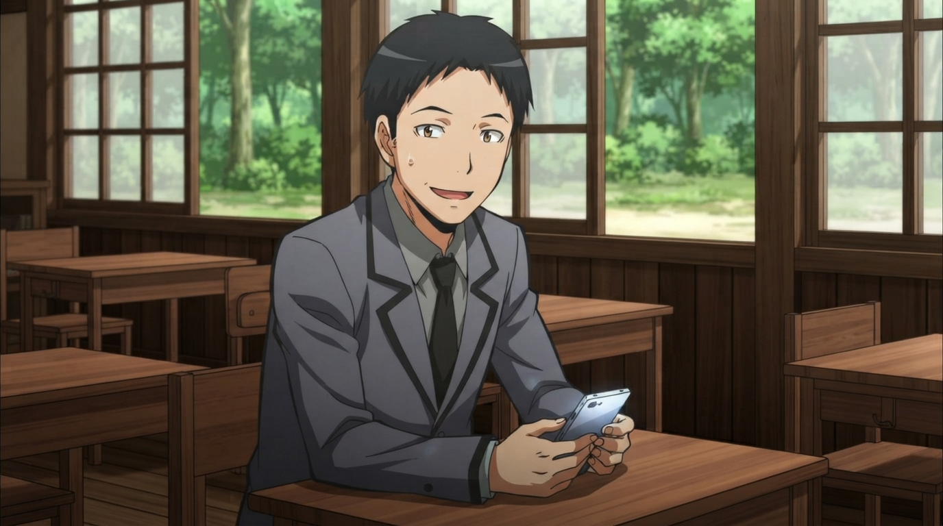 Photo to anime in Assassination Classroom style - Asian man with smartphone in wooden classroom