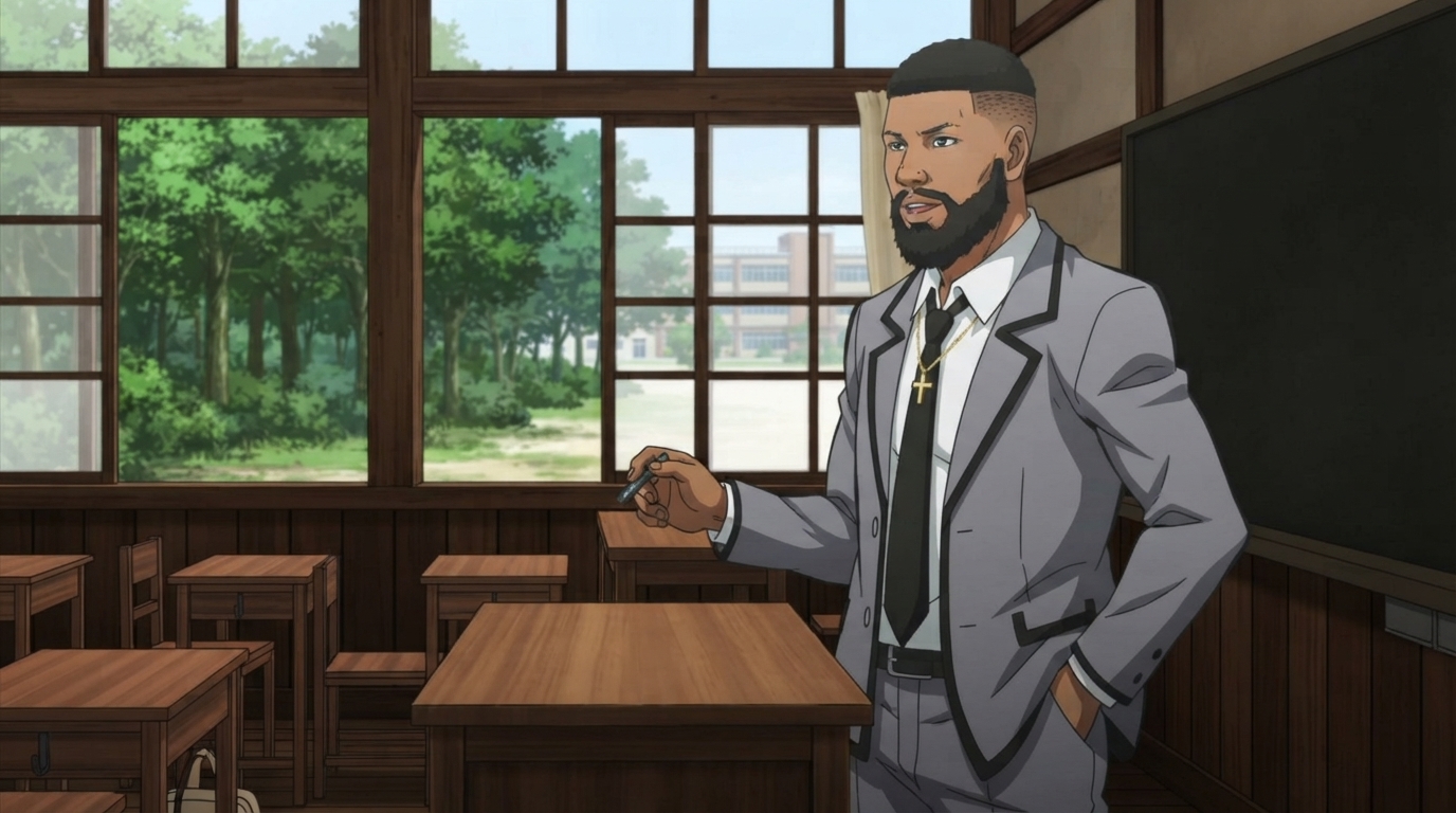 Photo to anime in Assassination Classroom style - Bearded man at teacher podium