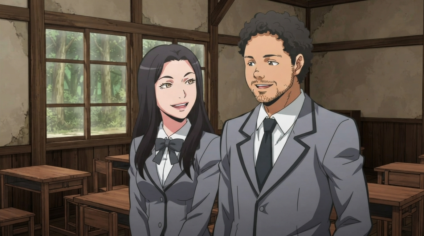 Photo to anime in Assassination Classroom style - Couple in Class 3-E uniforms by forest window