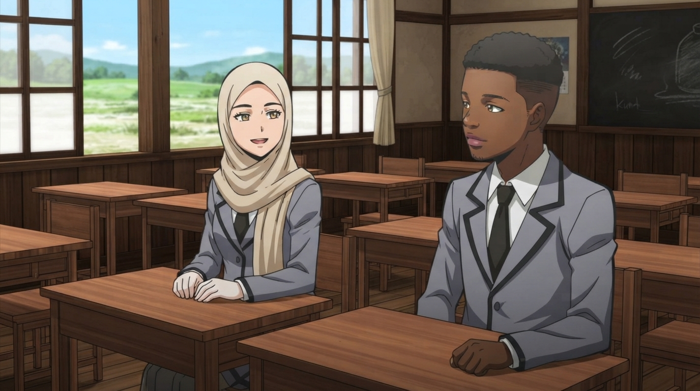 Photo to anime in Assassination Classroom style - Hijab woman and Black man in school uniforms