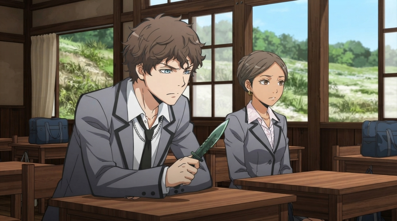 Photo to anime in Assassination Classroom style - Young man with knife and classmate in floral blouse