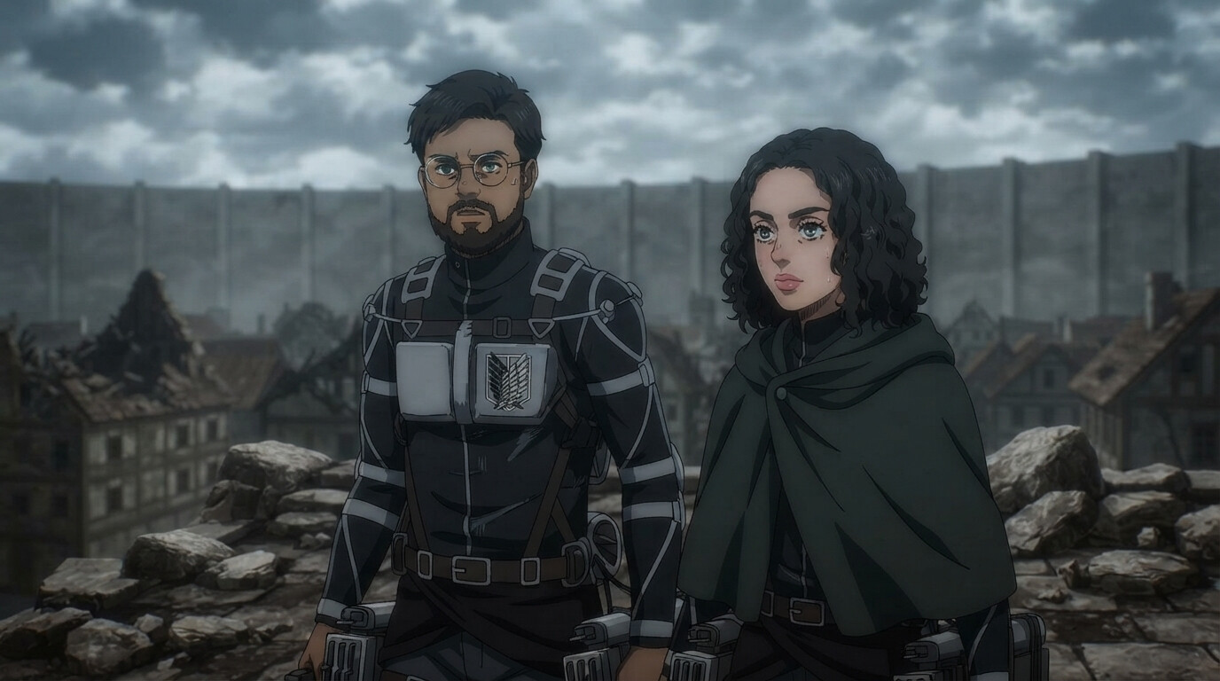 Foto a anime al estilo Attack on Titan - Pareja negra con equipo del Regimiento de Exploradores en ciudad en ruinas