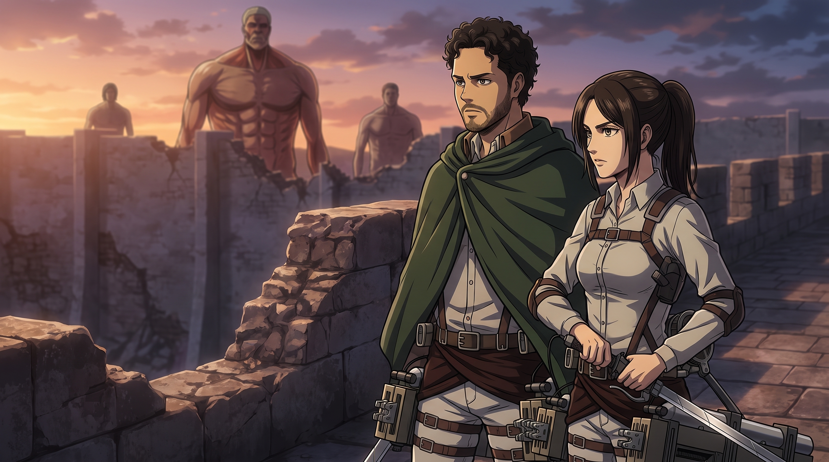 Foto a anime al estilo Attack on Titan - Pareja en muro roto con titanes al atardecer