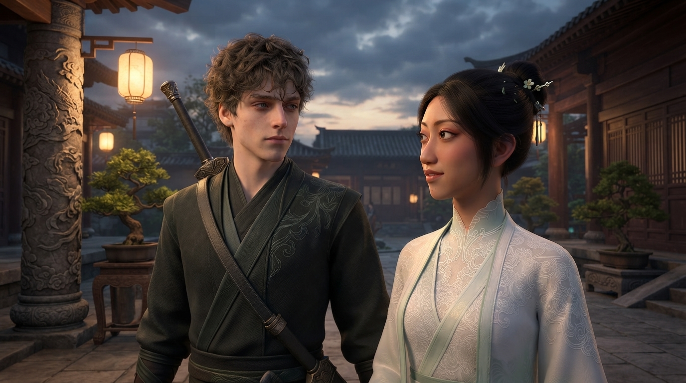 Foto a anime al estilo Battle Through the Heavens - Pareja en patio iluminado con faroles al atardecer