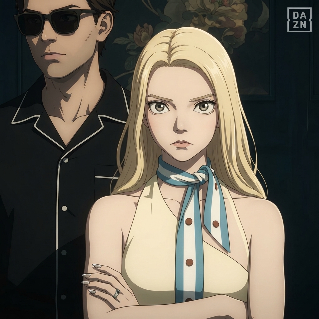 Photo to anime in BEASTARS style - Blonde woman with crossed arms and man in sunglasses
