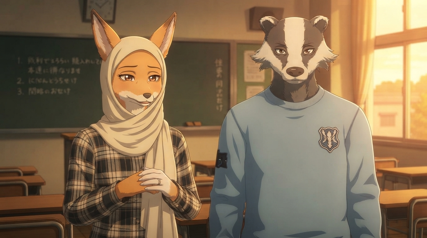 Photo to anime in BEASTARS style - Fox in hijab and badger in classroom at sunset