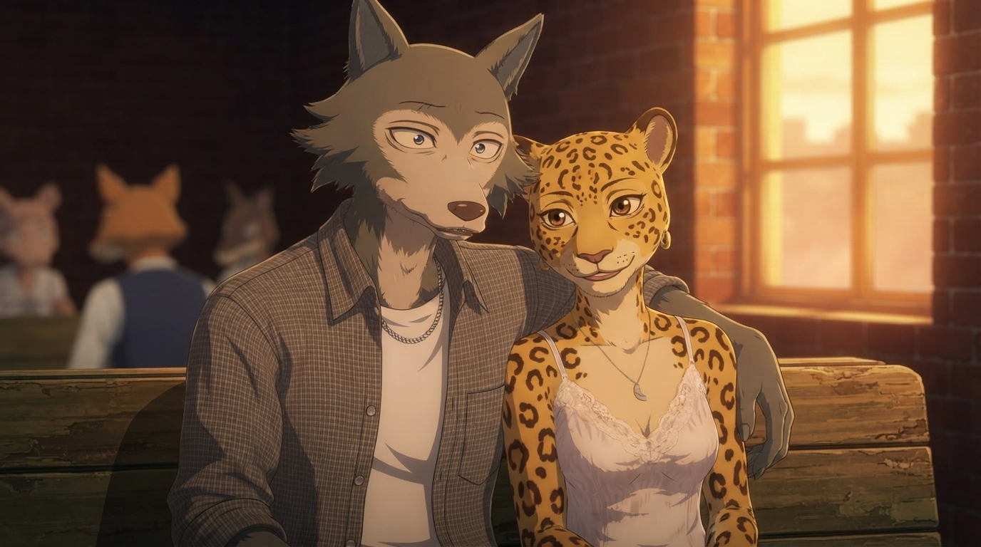 Photo to anime in BEASTARS style - Wolf and leopard on bench at golden hour