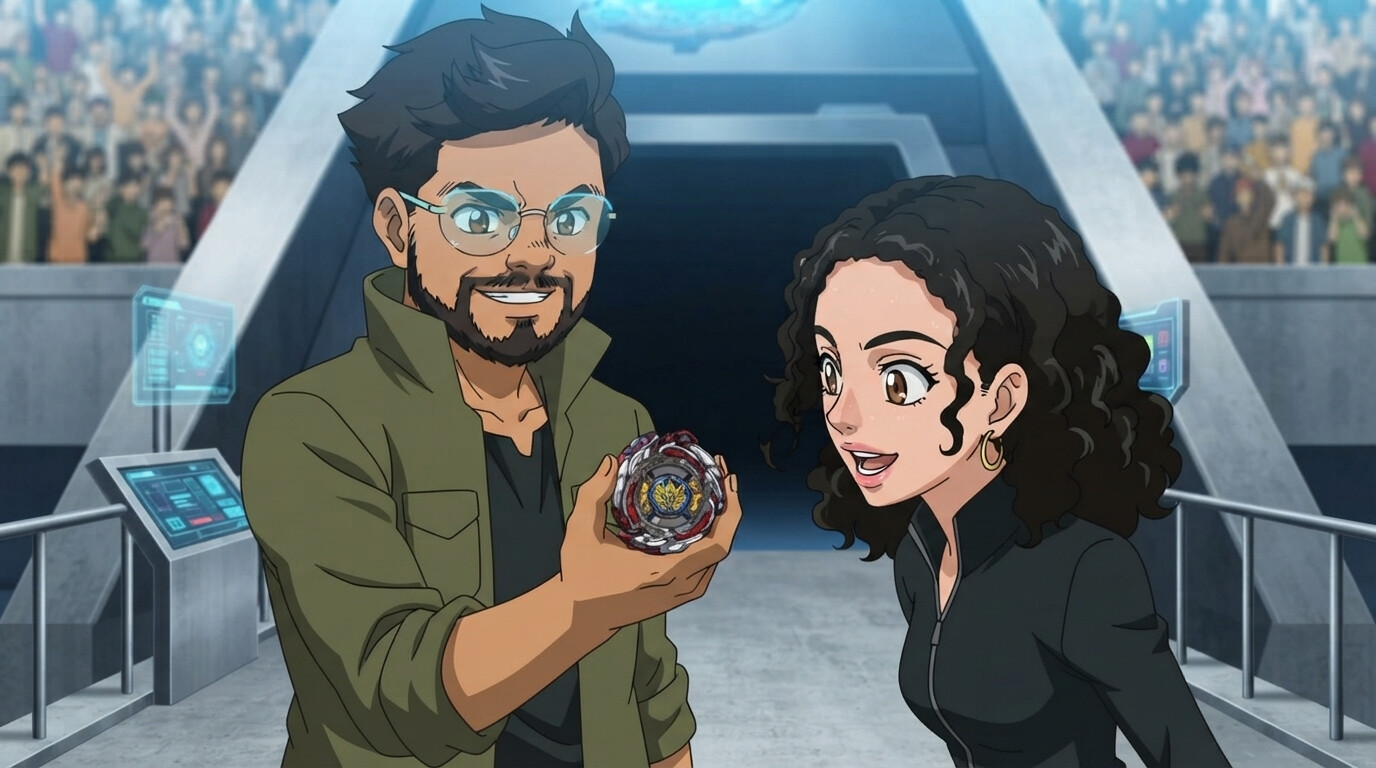 Foto a anime al estilo Beyblade - Pareja inspeccionando Beyblade en estadio lleno