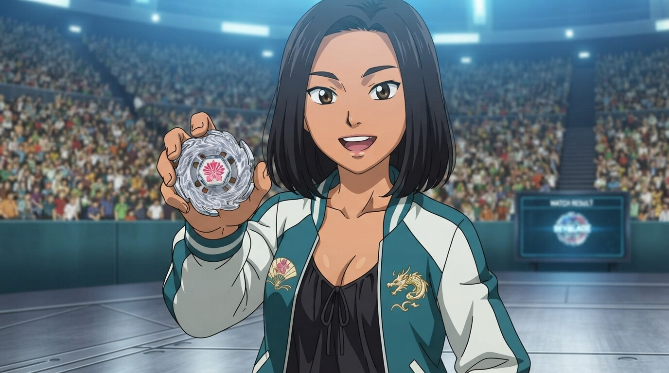 Foto a anime al estilo Beyblade - Blader femenina con Beyblade de cerezo en estadio
