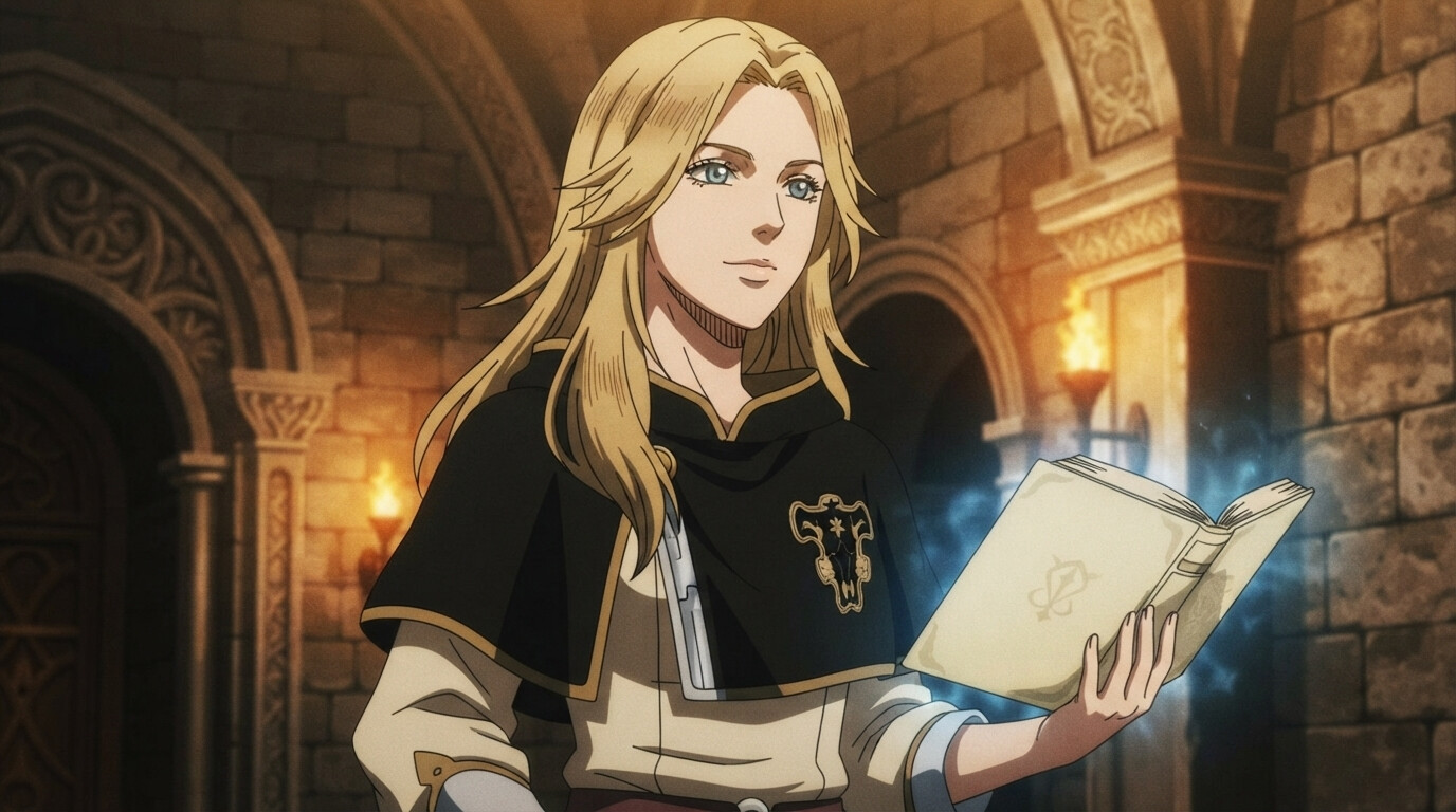 Foto a anime al estilo Black Clover - Maga rubia con grimorio brillante