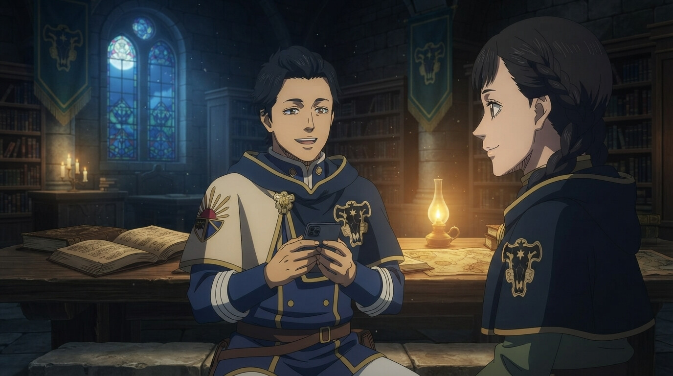 Foto a anime al estilo Black Clover - Pareja estudiando en la biblioteca de Black Bulls