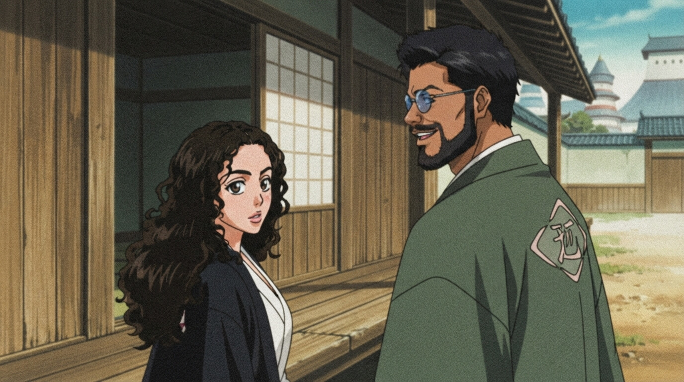 Foto a anime al estilo Bleach - Pareja con haori de capitán en el patio de Seireitei