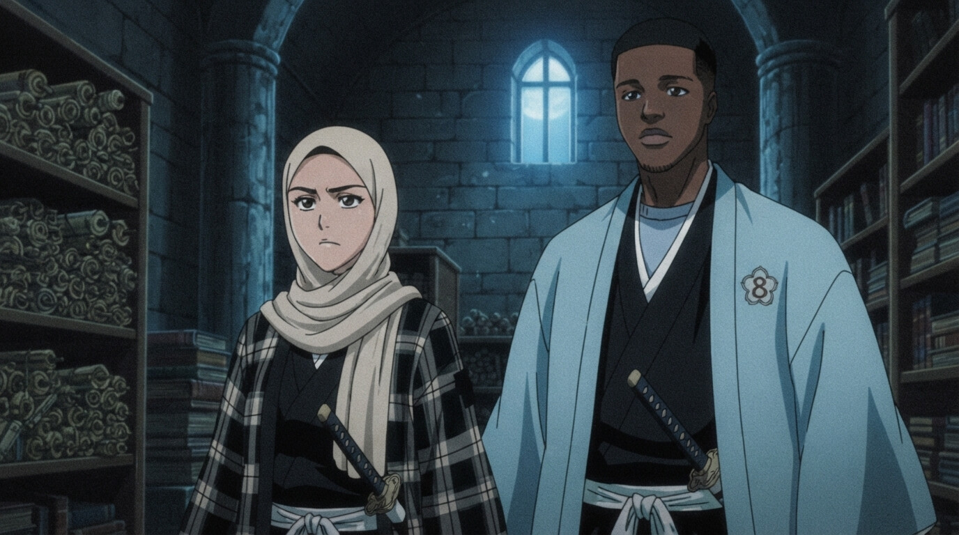 Foto a anime al estilo Bleach - Shinigami con hijab y capitán en biblioteca de piedra