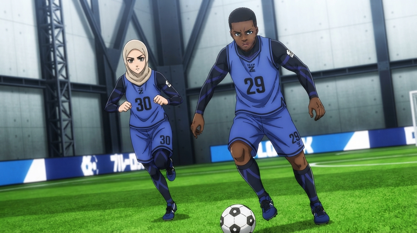 Foto a anime al estilo Blue Lock - Pareja con mujer con hijab y hombre jugando fútbol en campo cubierto del Team Z