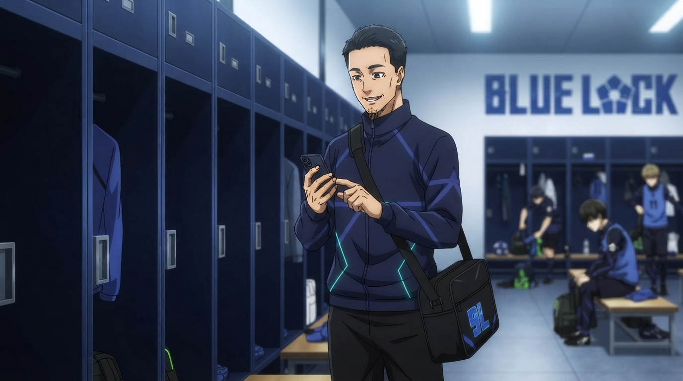 Foto a anime al estilo Blue Lock - Hombre en vestuario de Blue Lock con letrero de la instalación