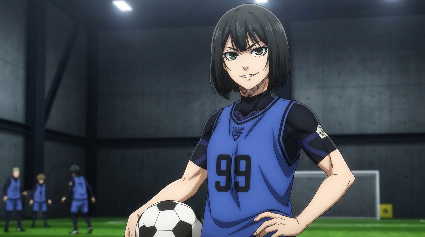 Foto a anime al estilo Blue Lock - Mujer de ojos verdes sosteniendo balón de fútbol con uniforme del Team Z