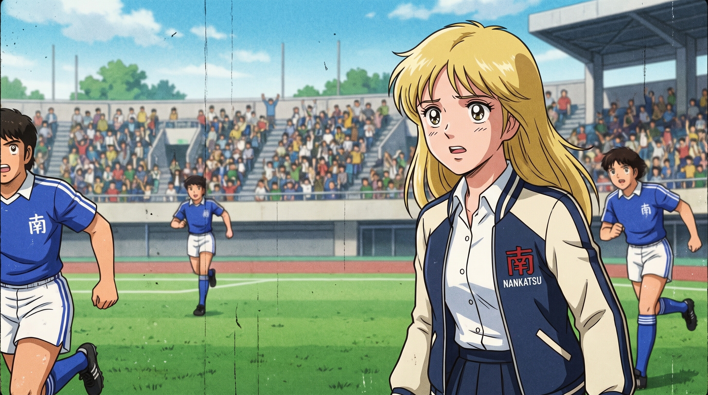 Foto a anime al estilo Captain Tsubasa - Chica rubia con chaqueta Nankatsu en partido de estadio