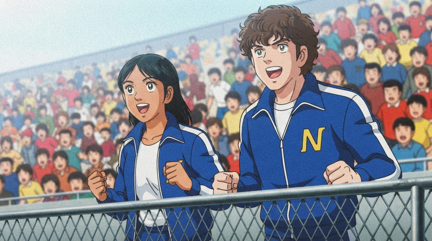 Foto a anime al estilo Captain Tsubasa - Pareja animando con chándales Nankatsu