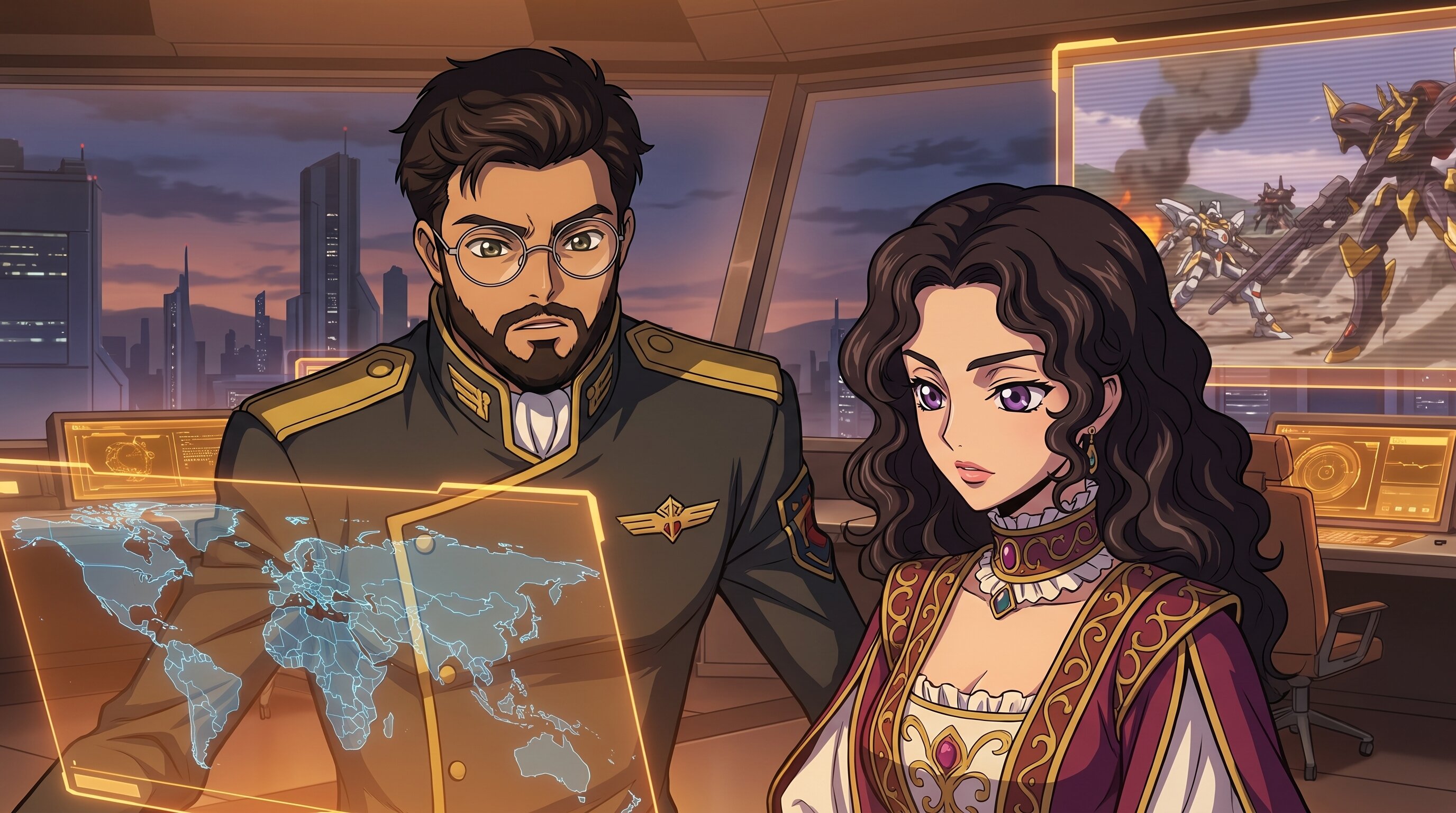 Foto a anime al estilo Code Geass - Pareja en centro de mando con mapa mundial holográfico