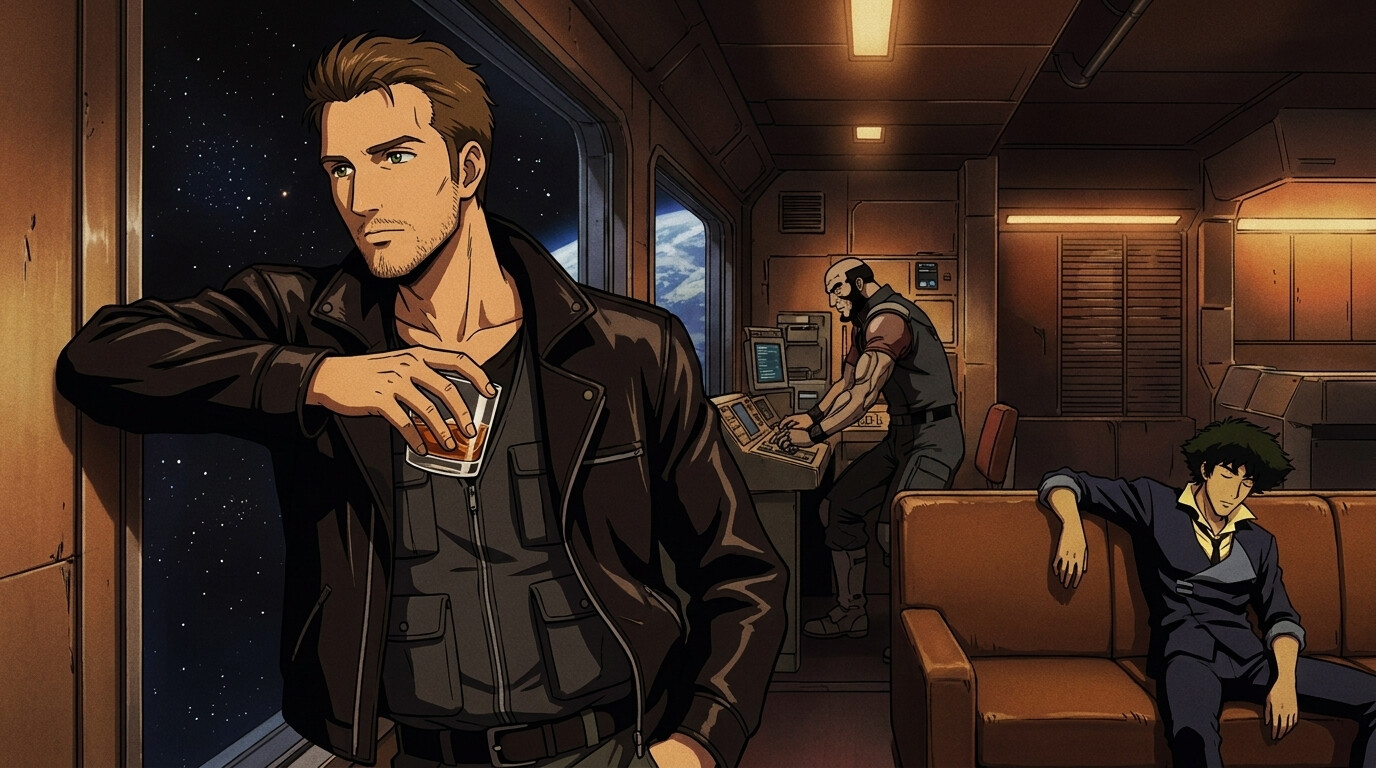 Foto a anime al estilo Cowboy Bebop - Mujer negra con whisky en bar melancólico