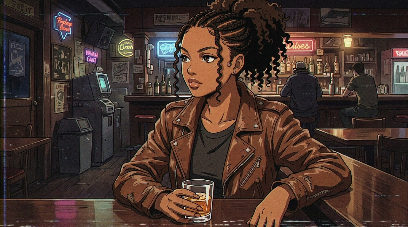 Foto a anime al estilo Cowboy Bebop - Tripulación relajándose en interior de nave con vista al espacio