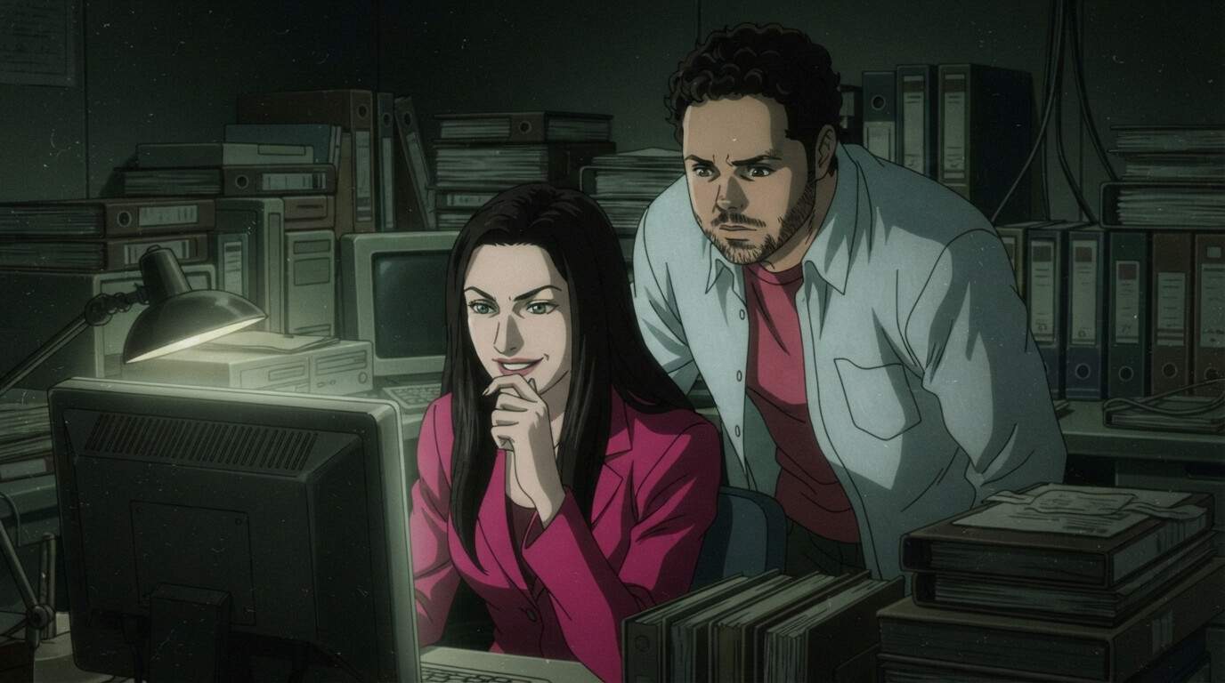 Foto a anime al estilo Death Note - Pareja investigando en oficina abarrotada