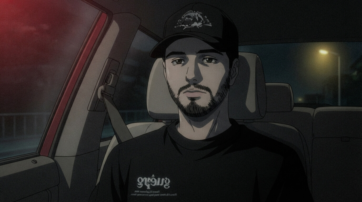 Foto a anime al estilo Death Note - Hombre con gorra en interior de coche de noche