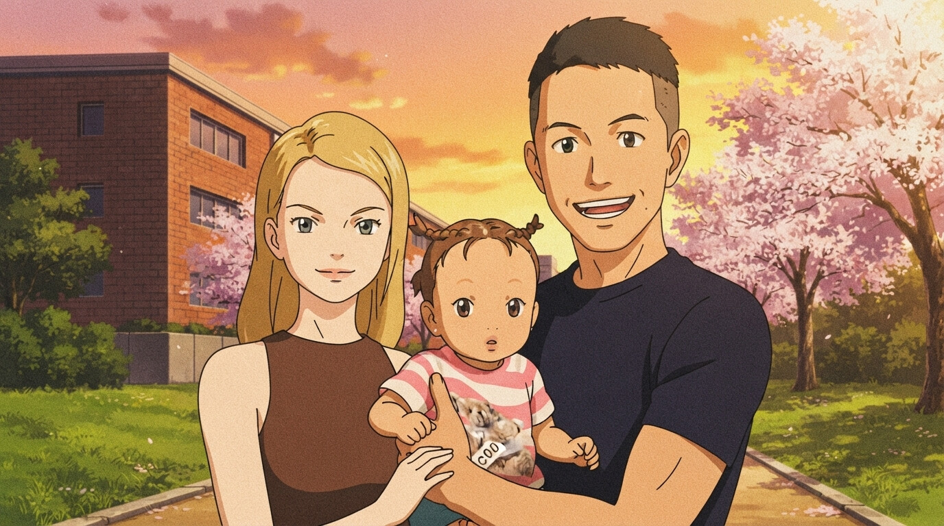 Foto a anime al estilo Digimon - Pareja con bebé bajo cerezos en flor al atardecer
