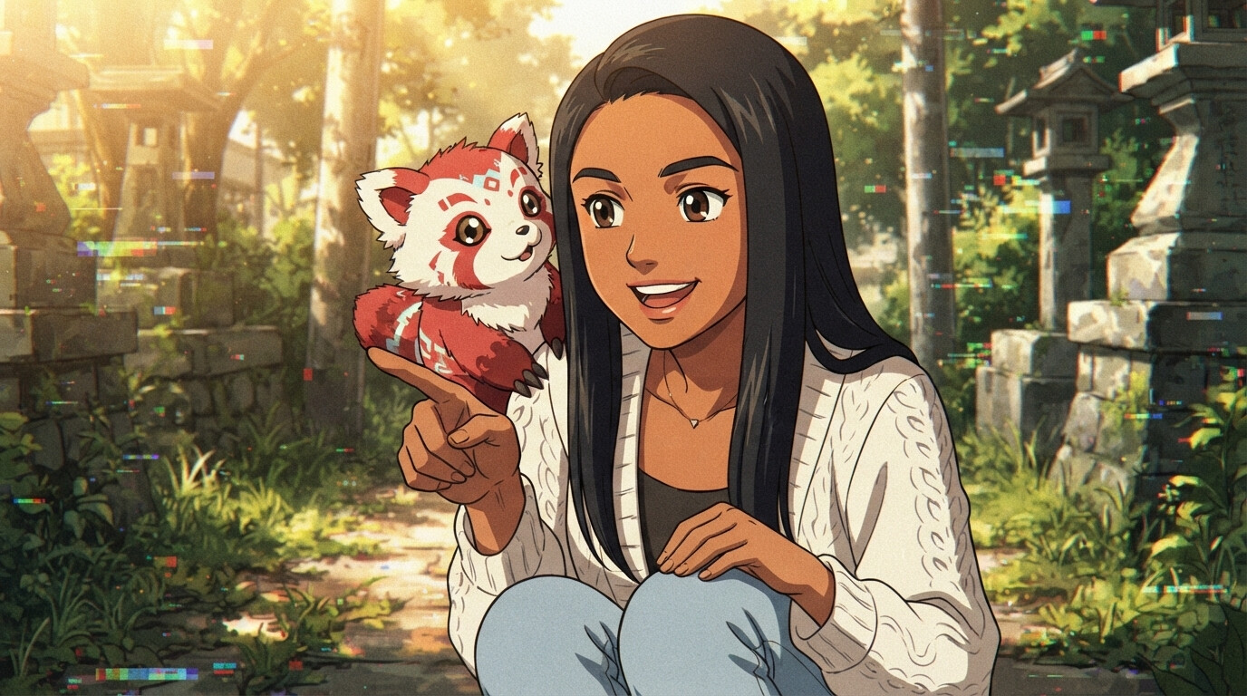 Foto a anime al estilo Digimon - Mujer con Digimon compañero rojo en santuario con glitch digital