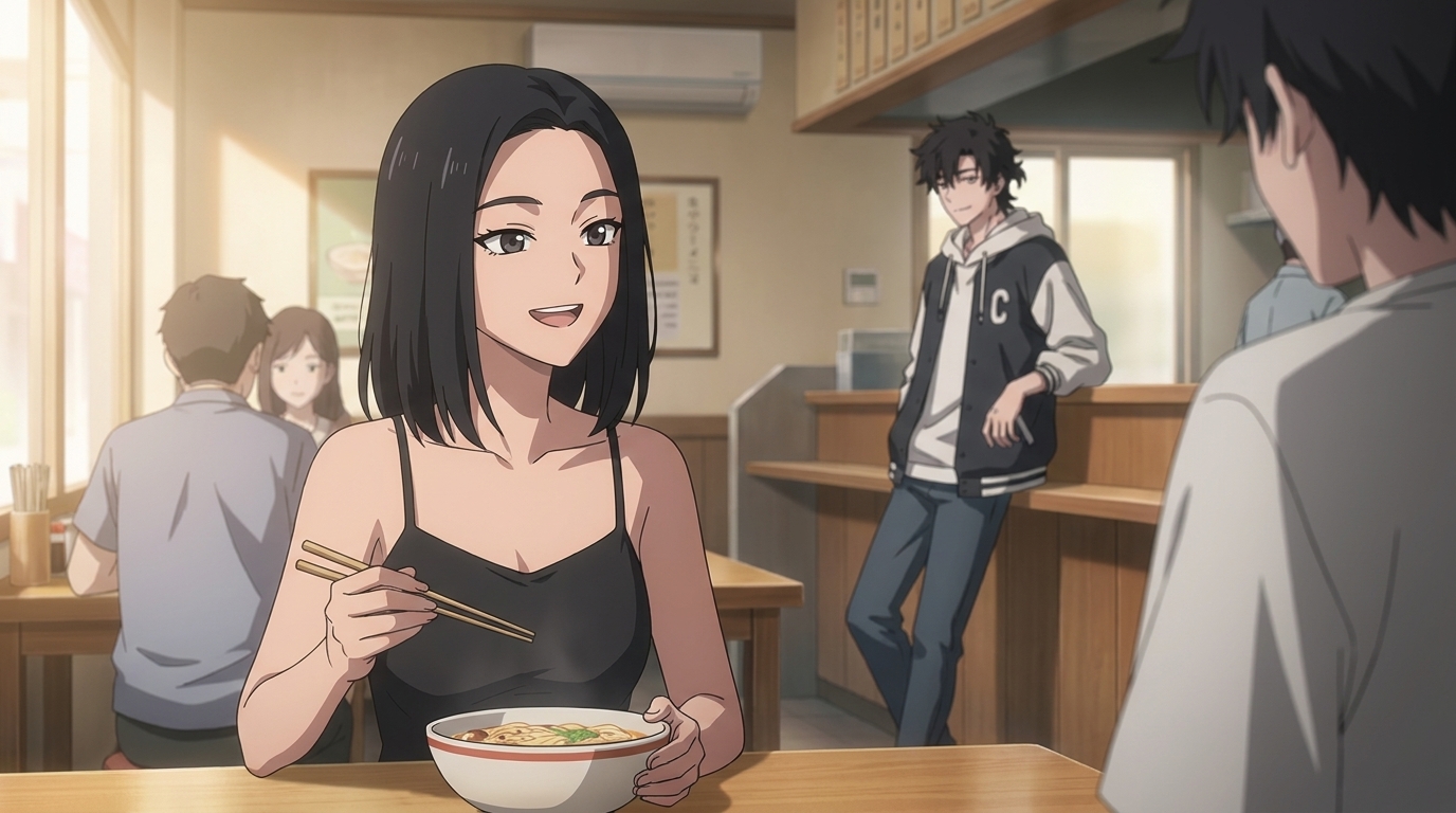 Donghua ramen shop scene with two characters talking over noodles in Link Click style