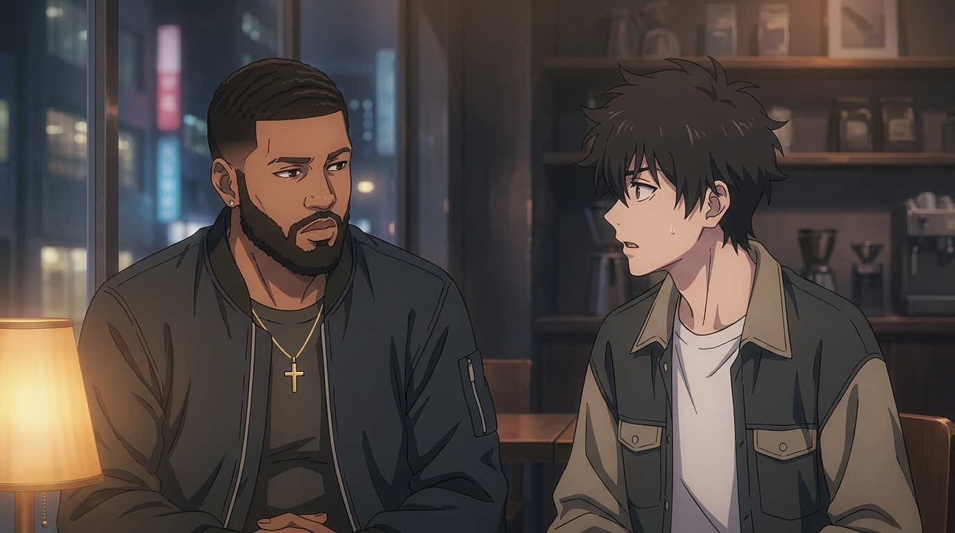 Donghua late-night cafe conversation between two men in Link Click style