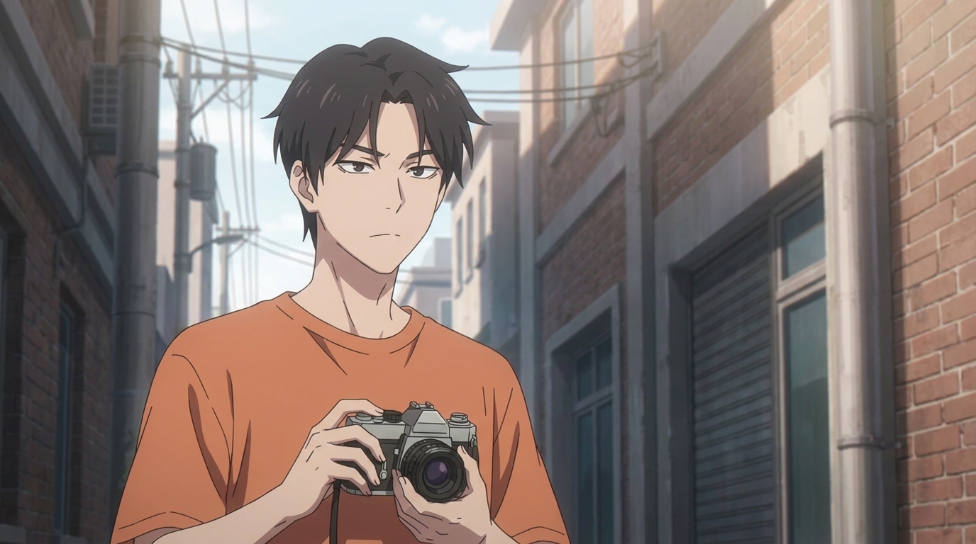 Donghua young man with a film camera in a brick alley in Link Click style