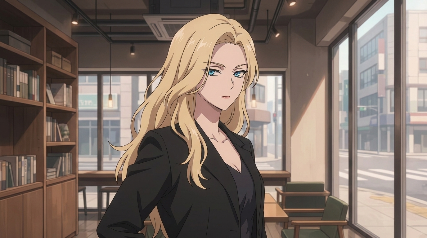 Donghua blonde woman in a blazer inside a bright modern cafe in Link Click style