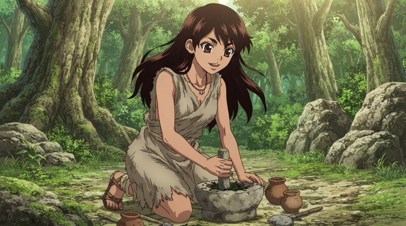 Foto a anime al estilo Dr. Stone - Mujer moliendo hierbas con mortero y mano de mortero