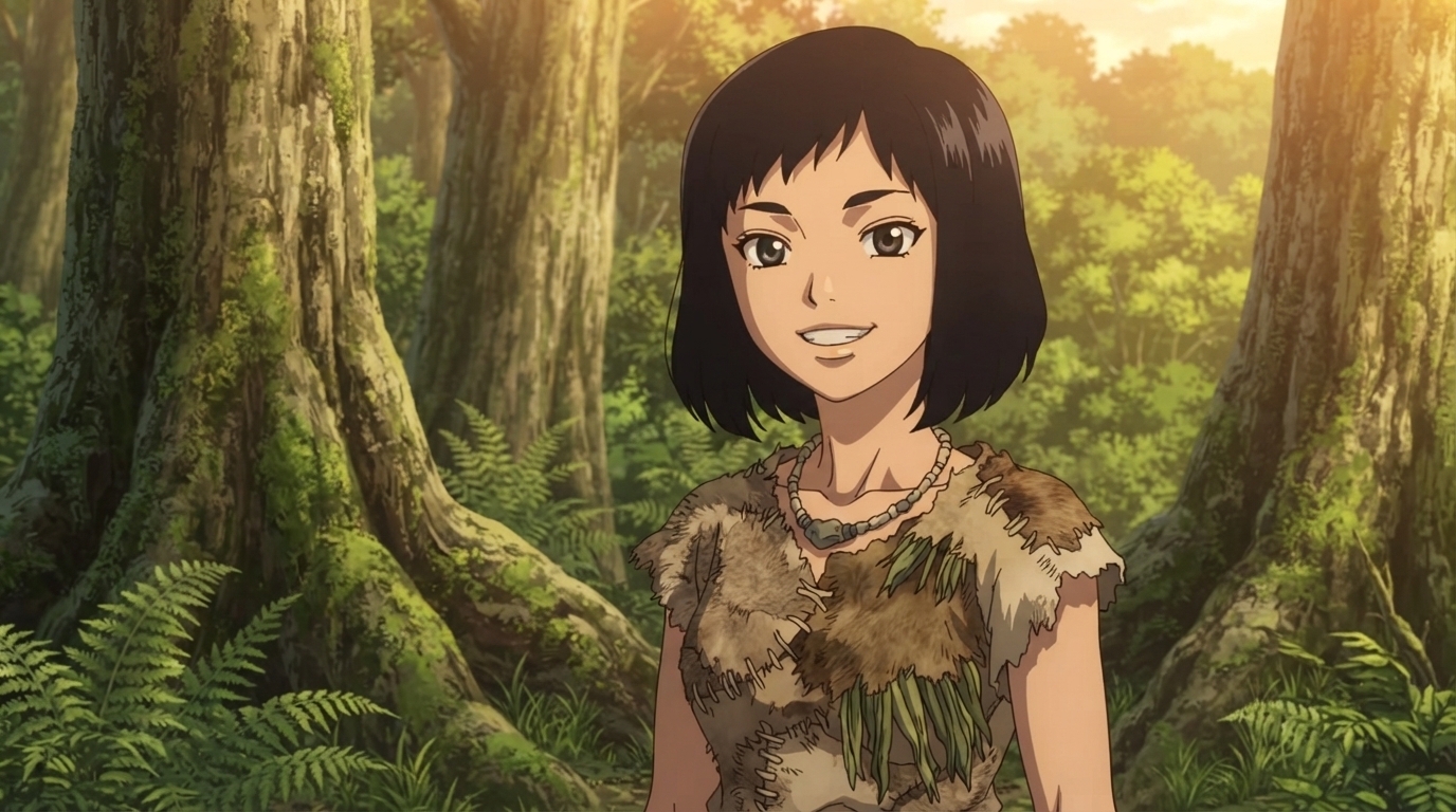 Foto a anime al estilo Dr. Stone - Mujer con chaleco primitivo en bosque iluminado por el sol