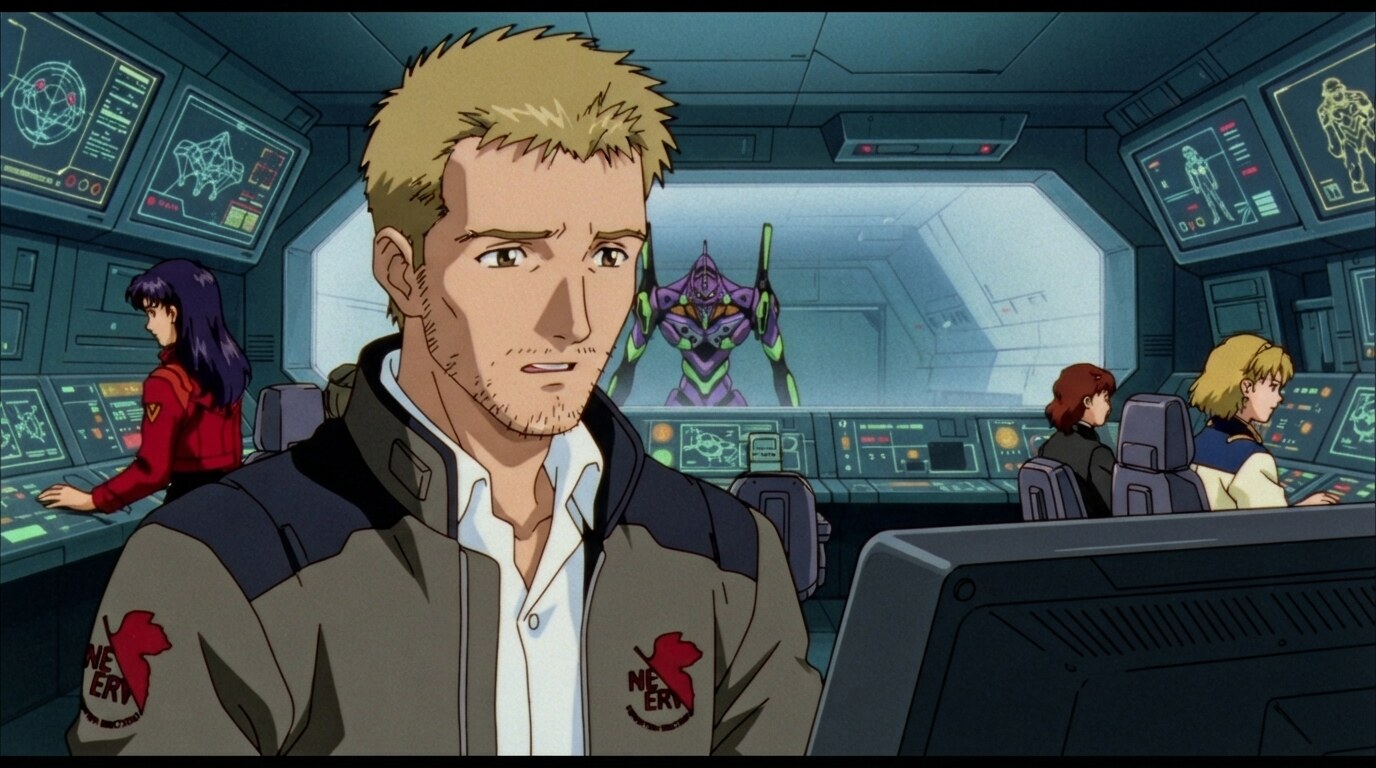 Photo to anime in Evangelion style - Man in NERV bridge with Eva Unit-01