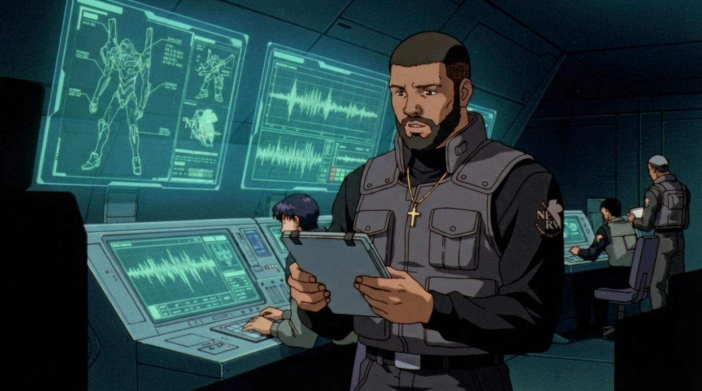Photo to anime in Evangelion style - Man in NERV command center with tablet