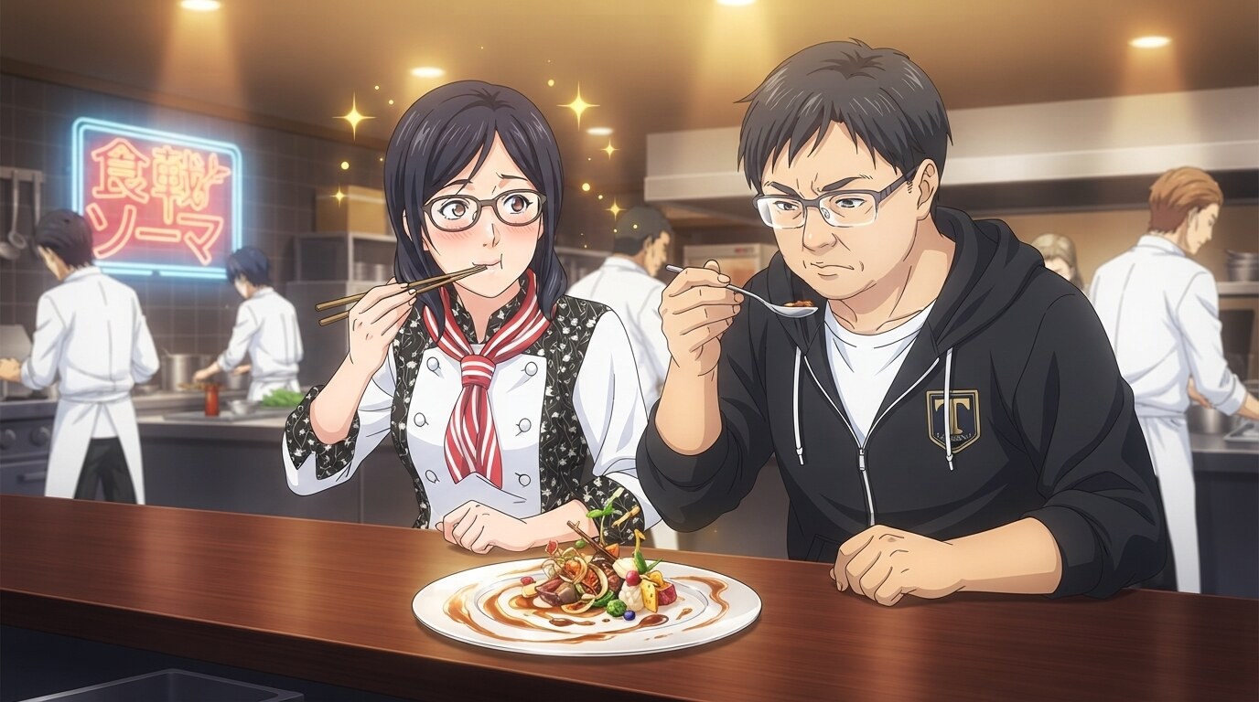 Foto a anime al estilo Food Wars - Pareja de chefs degustando plato gourmet en mostrador de cocina