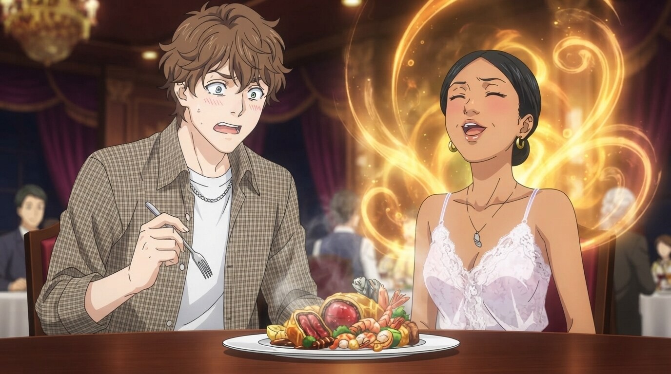 Foto a anime al estilo Food Wars - Pareja con aura dorada reaccionando al beef wellington en restaurante