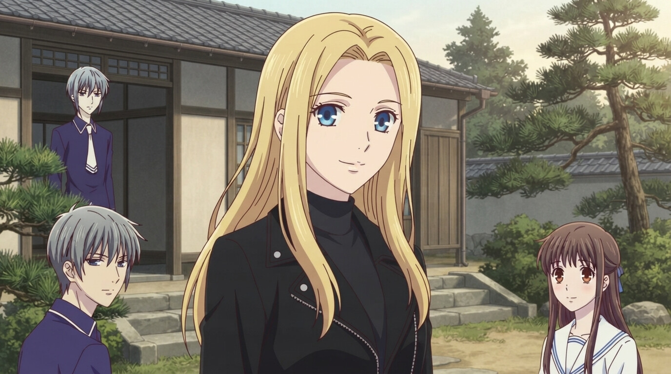 Foto a anime al estilo Fruits Basket - Mujer rubia con la familia Sohma en hogar tradicional