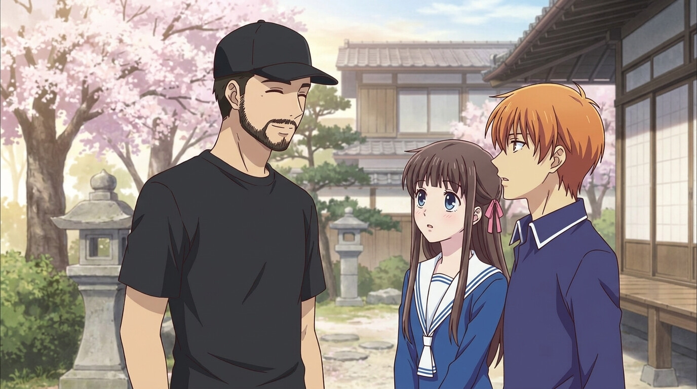 Foto a anime al estilo Fruits Basket - Hombre con Tohru y Kyo en jardín de cerezos en flor