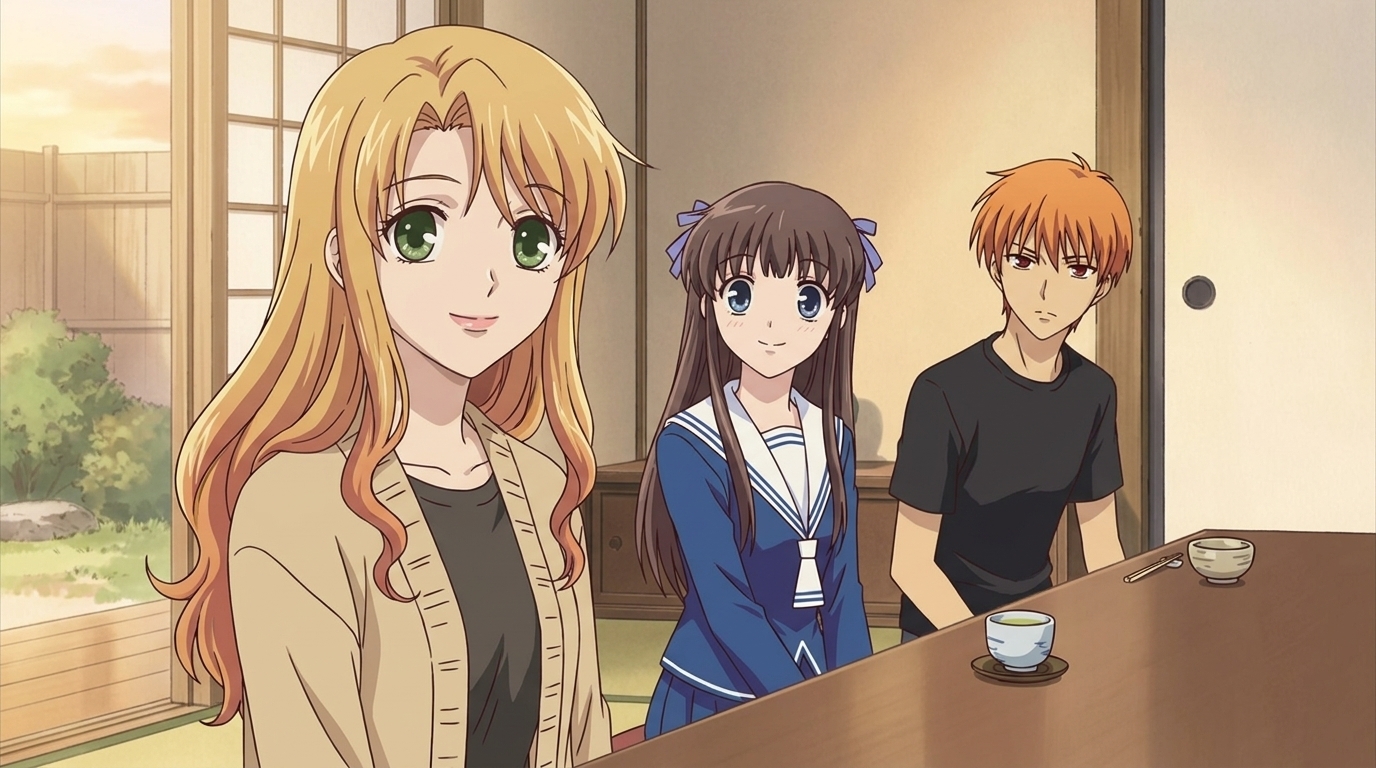 Ejemplo original del generador IA de Fruits Basket, Tohru y amigos en habitación japonesa tradicional al atardecer