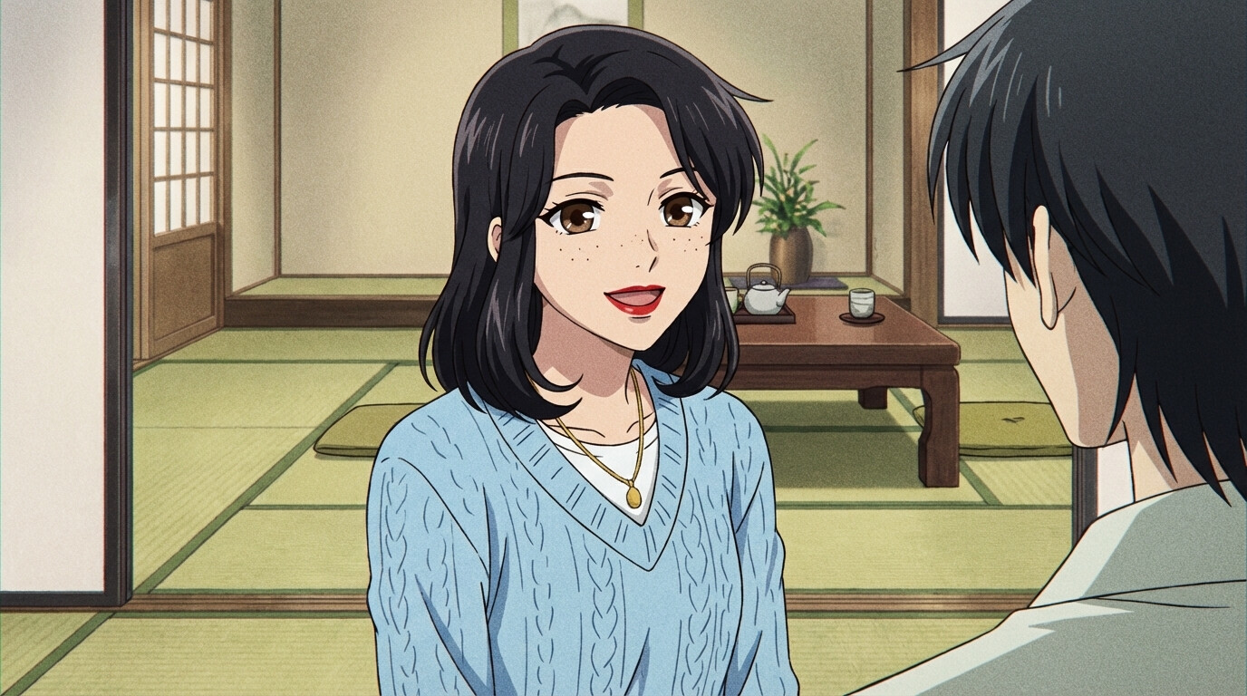 Ejemplo original del generador IA de Fruits Basket, mujer con pecas con suéter de punto en habitación tatami