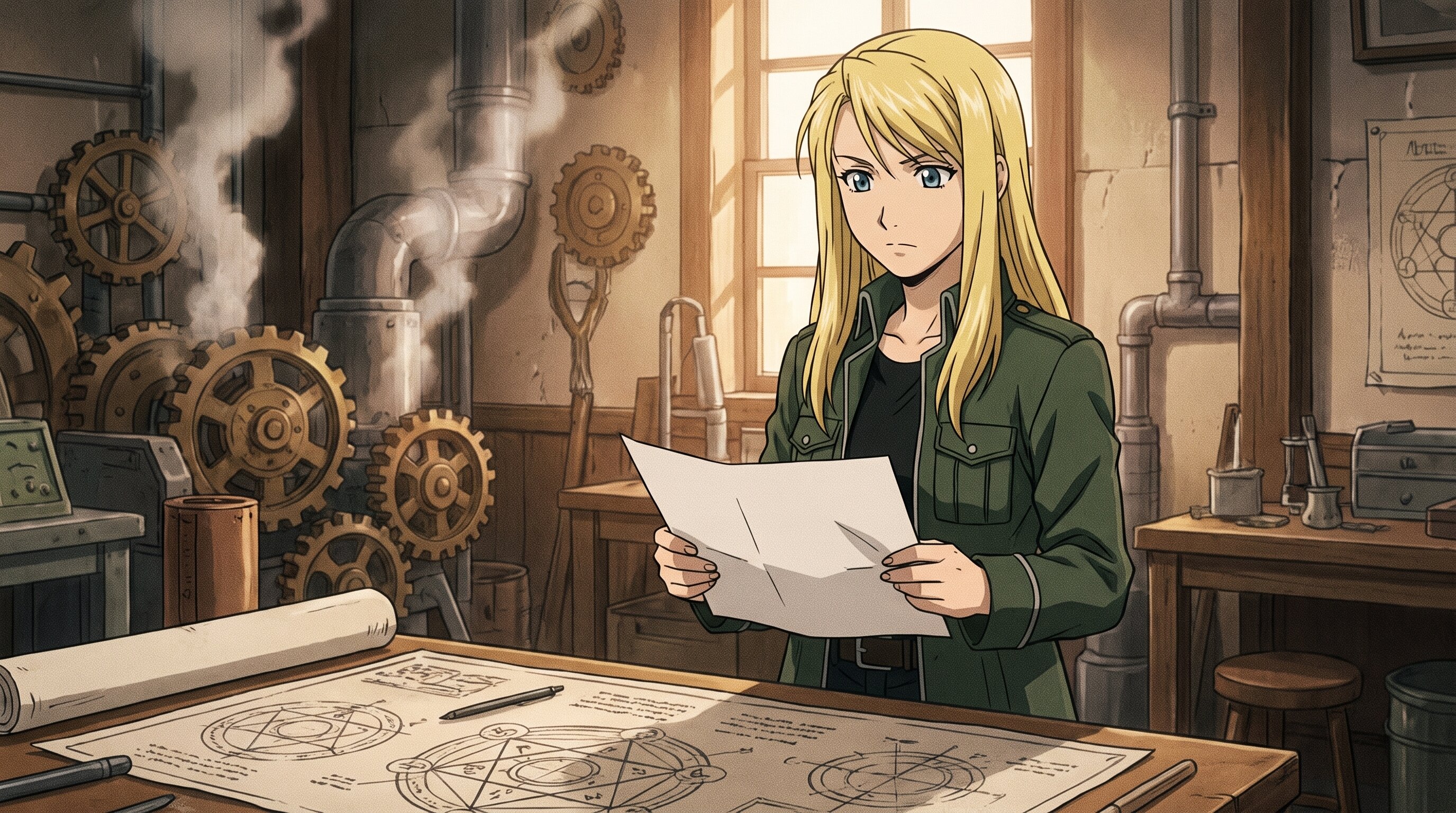 Foto a anime al estilo Fullmetal Alchemist - Alquimista rubio revisando planos en taller steampunk