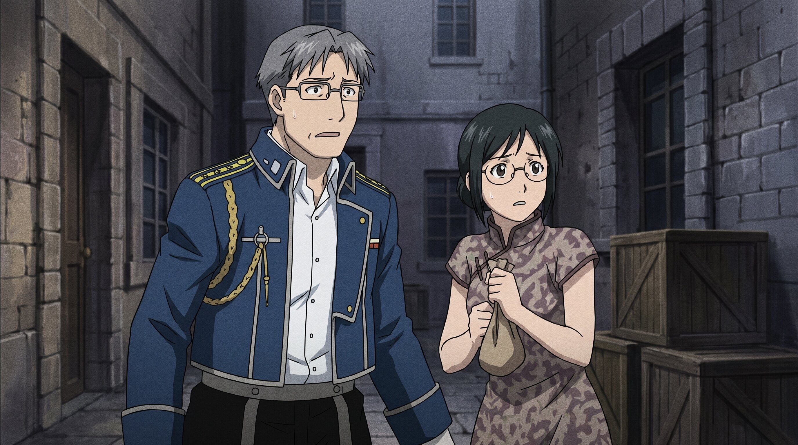 Foto a anime al estilo Fullmetal Alchemist - Oficial militar de Amestris en callejón de piedra