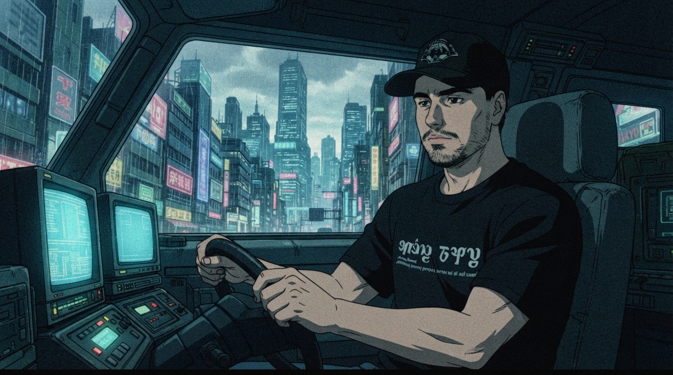 Foto a anime al estilo Ghost in the Shell - Conductor barbudo en ciudad de neón con tablero CRT