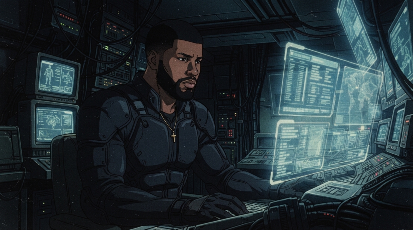 Foto a anime al estilo Ghost in the Shell - Hombre negro con traje táctico en estación de trabajo holográfica