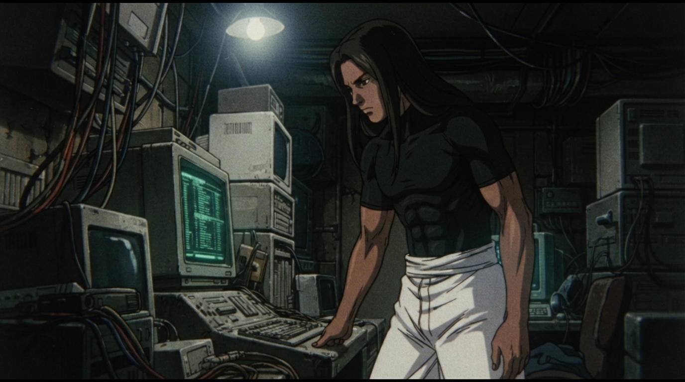 Foto a anime al estilo Ghost in the Shell - Hombre de pelo largo en terminal de sala de servidores vintage