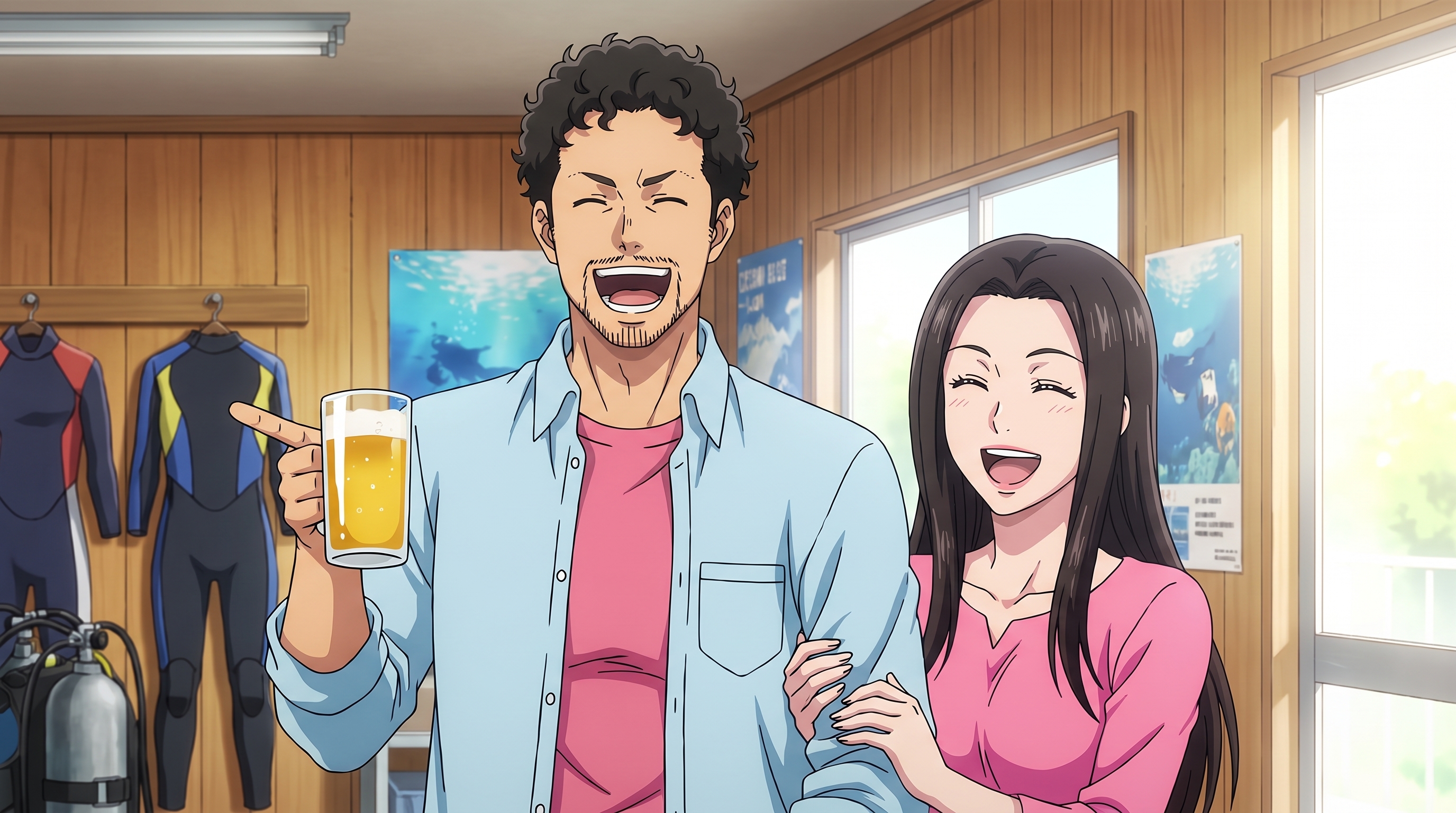 Foto a anime al estilo Grand Blue Dreaming - Pareja riendo con cerveza en tienda de buceo