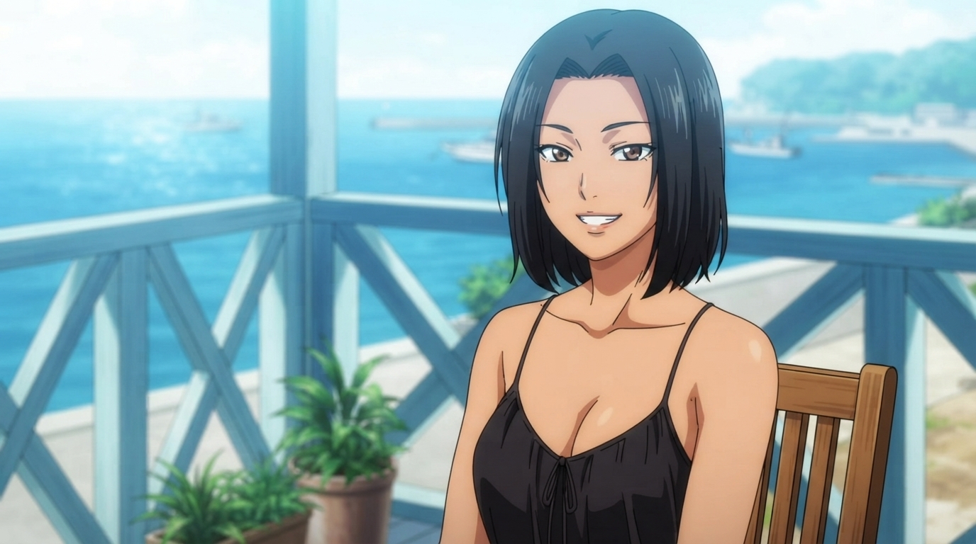 Foto a anime al estilo Grand Blue Dreaming - Mujer en balcón soleado con vista al océano